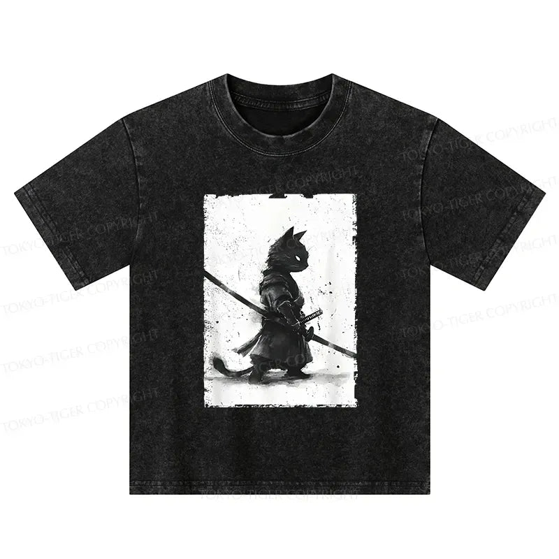 Washed Samurai Cat T-Shirt for Daily Wear