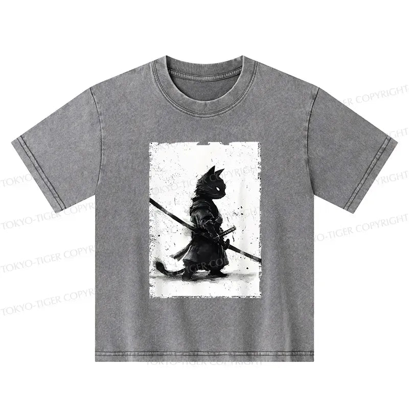 Washed Samurai Cat T-Shirt for Daily Wear
