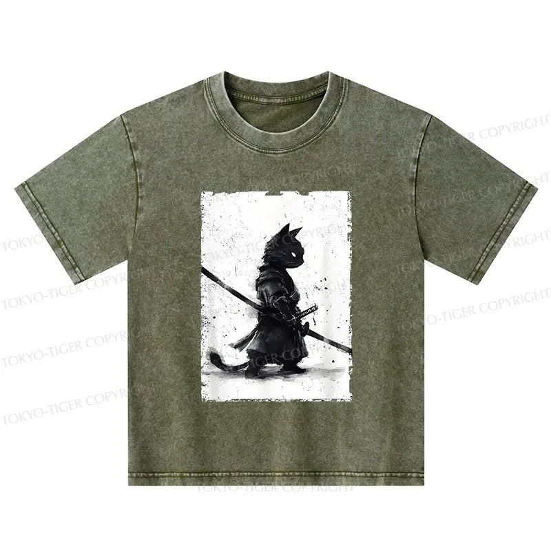 Washed Samurai Cat T-Shirt for Daily Wear