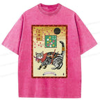 Retro Samurai Cat Washed T-Shirt