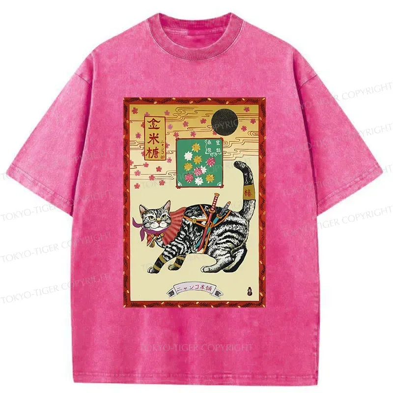 Retro Samurai Cat Washed T-Shirt