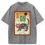 Kyoto-Lion Retro Samurai Cat Washed T-Shirt
