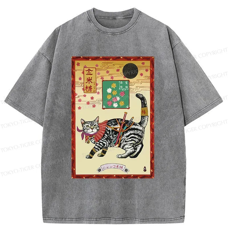 Kyoto-Lion Retro Samurai Cat Washed T-Shirt