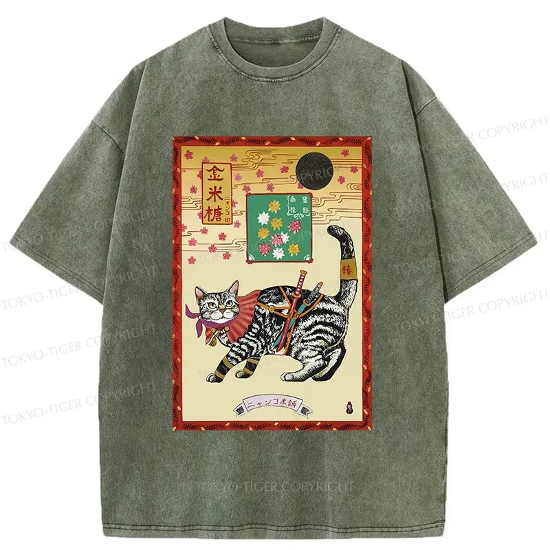 Retro Samurai Cat Washed T-Shirt