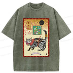 Retro Samurai Cat Washed T-Shirt