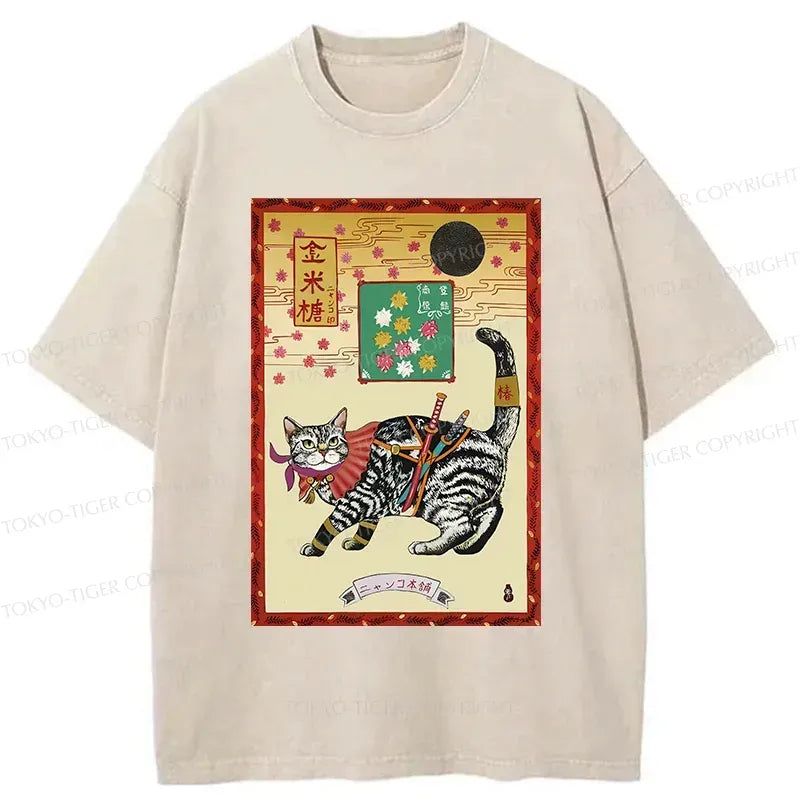 Kyoto-Lion Retro Samurai Cat Washed T-Shirt