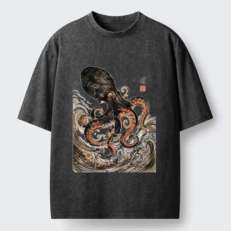 Kyoto-Lion Ink Octopus Wild Ocean Waves Washed T-Shirt