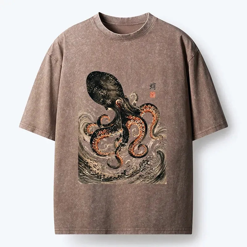 Kyoto-Lion Ink Octopus Wild Ocean Waves Washed T-Shirt