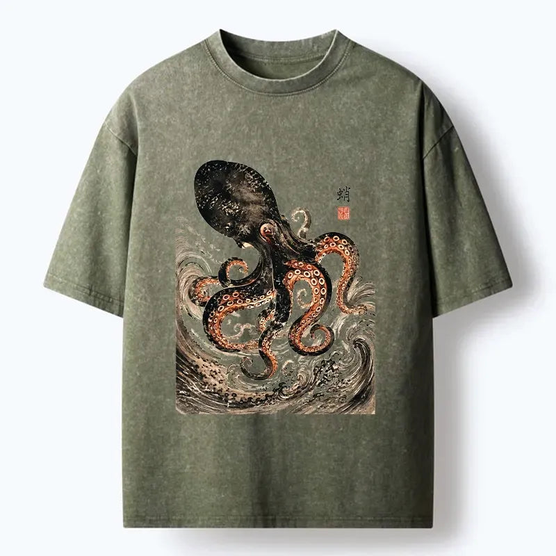 Kyoto-Lion Ink Octopus Wild Ocean Waves Washed T-Shirt