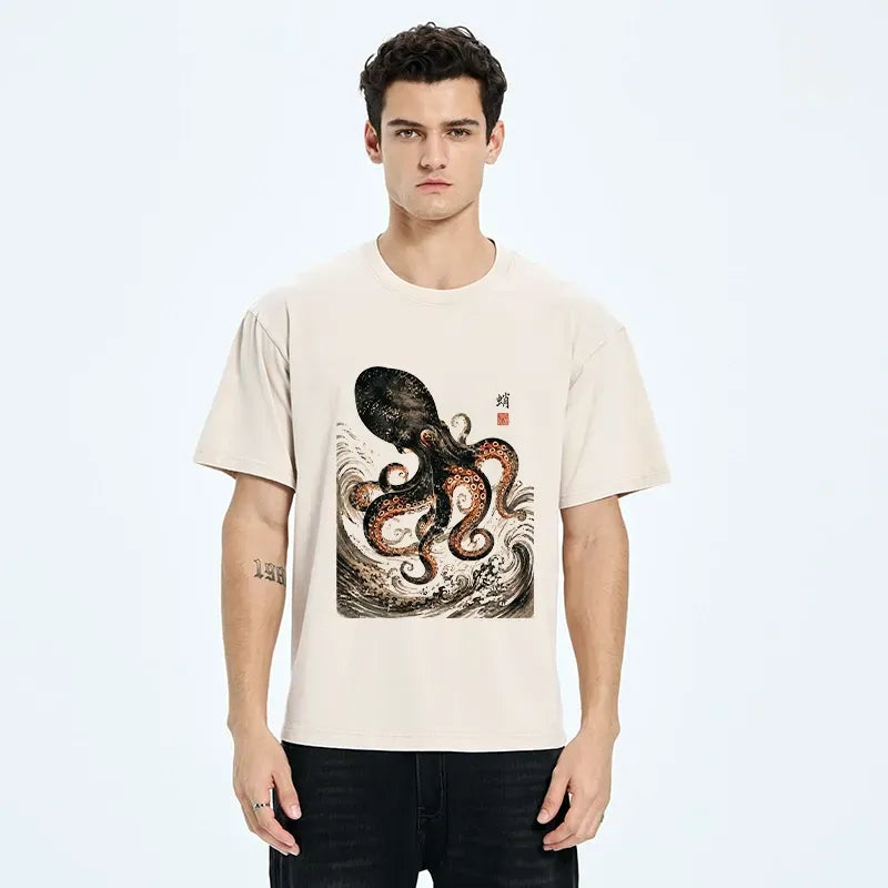 Kyoto-Lion Ink Octopus Wild Ocean Waves Washed T-Shirt