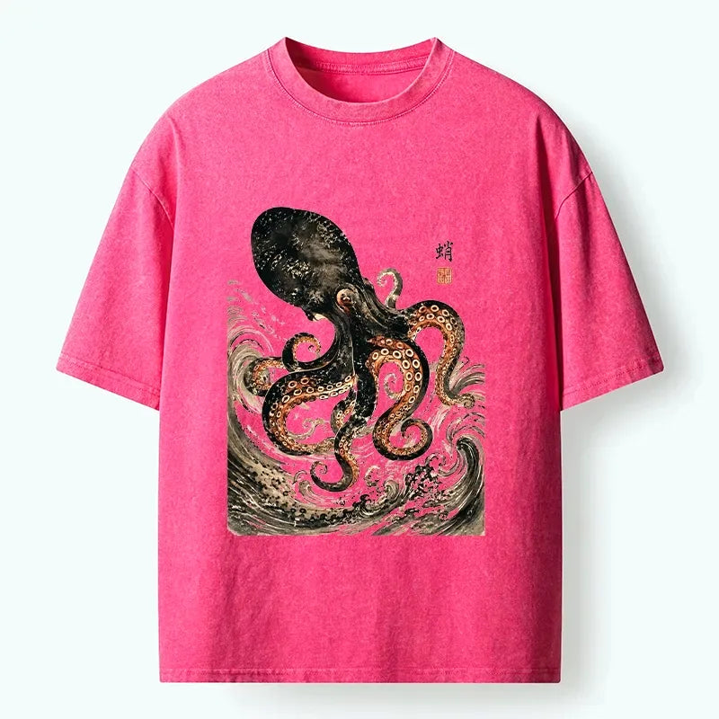 Kyoto-Lion Ink Octopus Wild Ocean Waves Washed T-Shirt
