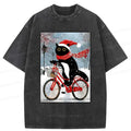 black cat riding bicycle washed tee