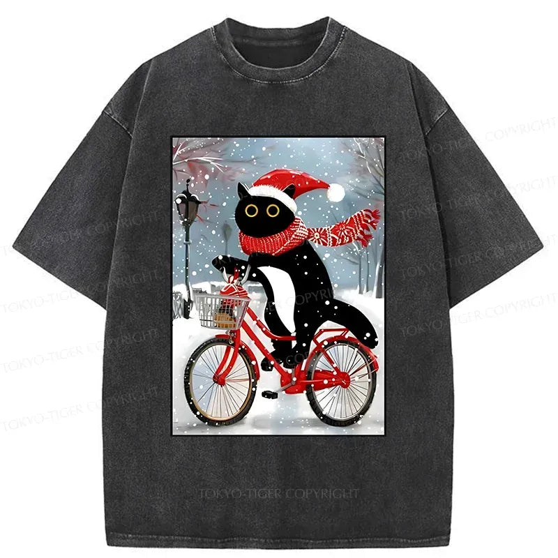 black cat riding bicycle washed tee