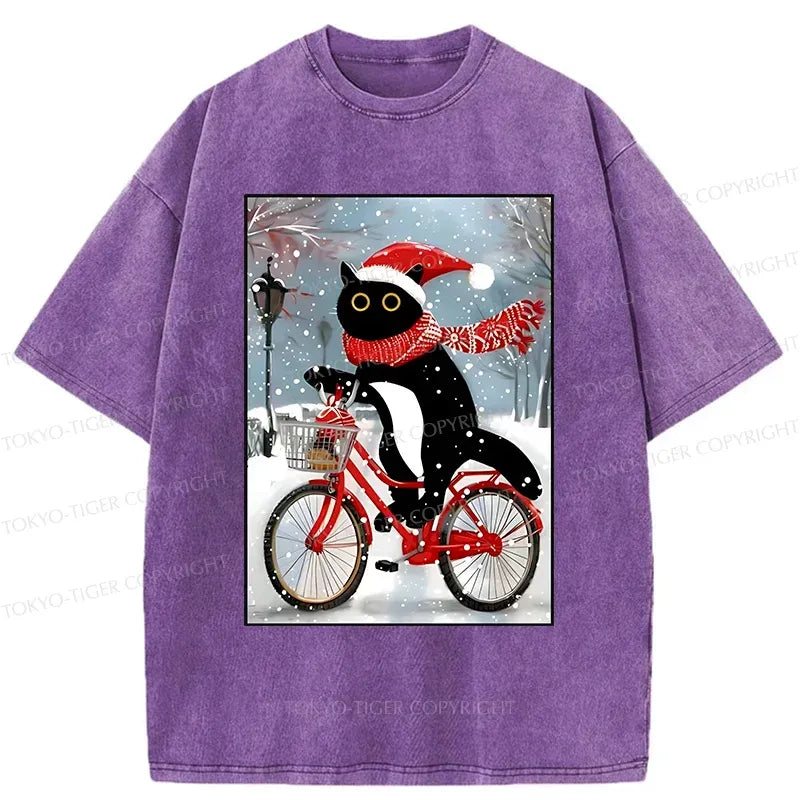 Kyoto-Lion Black Cat Riding A Bicycle Washed T-Shirt