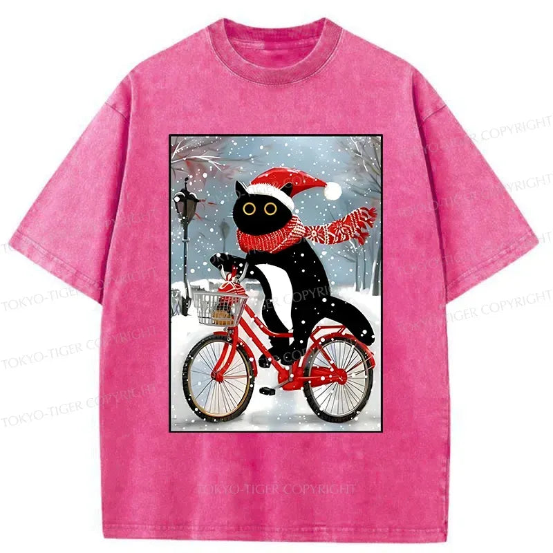 Kyoto-Lion Black Cat Riding A Bicycle Washed T-Shirt