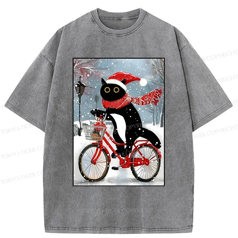 Kyoto-Lion Black Cat Riding A Bicycle Washed T-Shirt