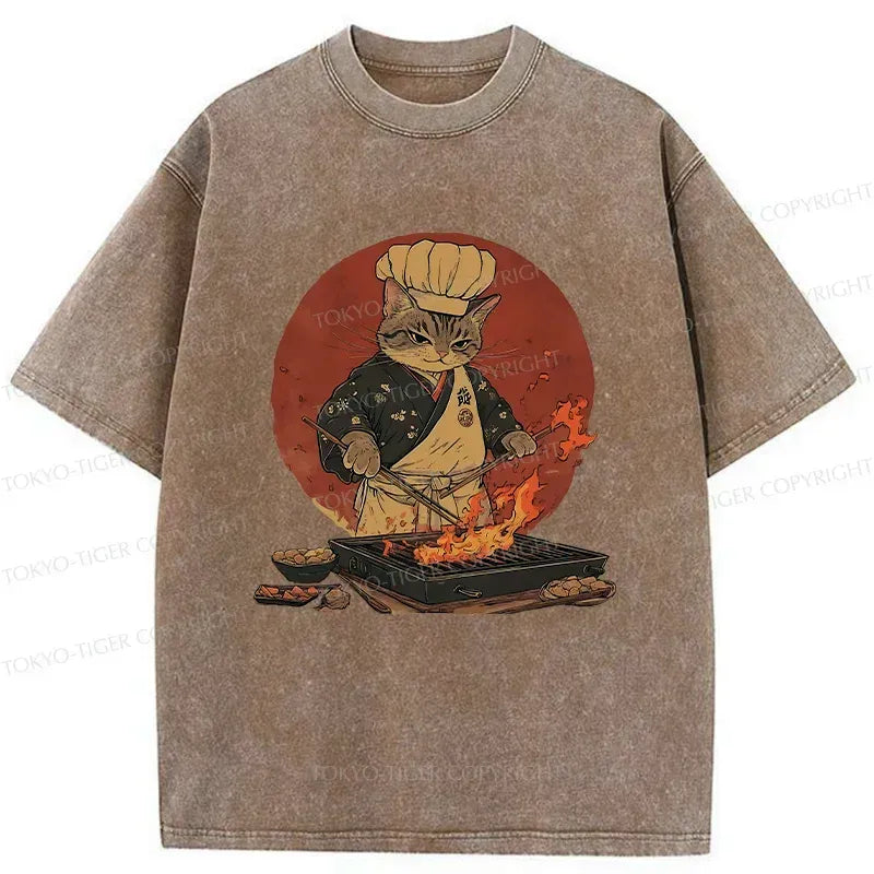 Kyoto-Lion Cat Grill Chef Washed T-Shirt