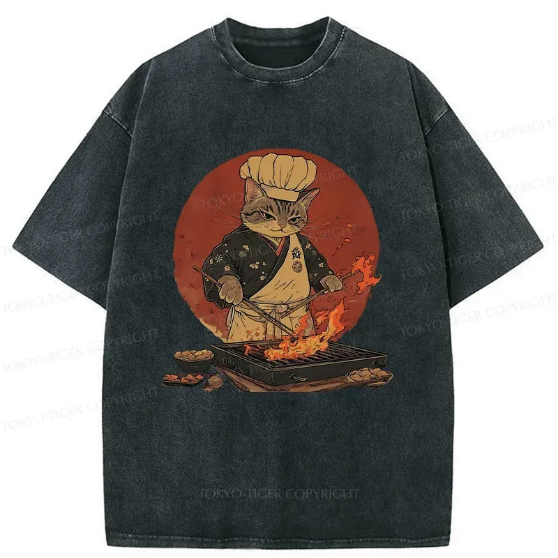 Kyoto-Lion Cat Grill Chef Washed T-Shirt