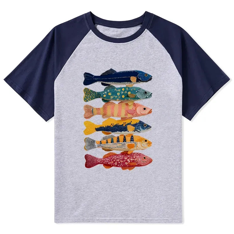 Kyoto-Lion Colorful Fish Art Collection Raglan T-shirt