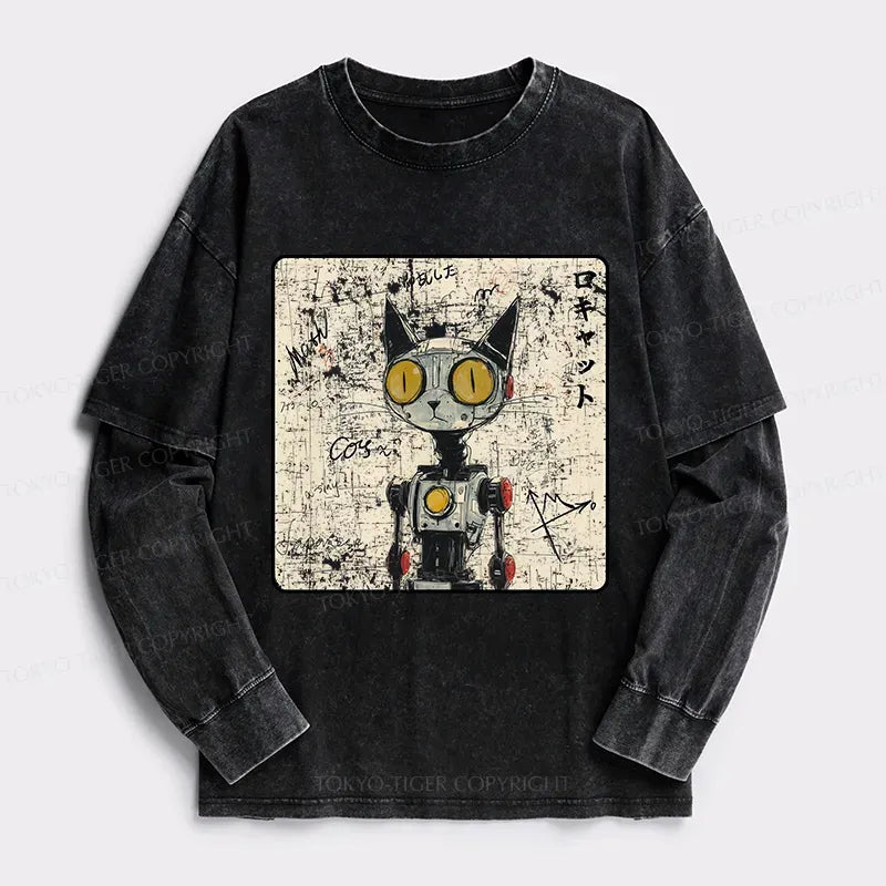 Japanese Robot Cat Washed T-Shirt for Daily Wear