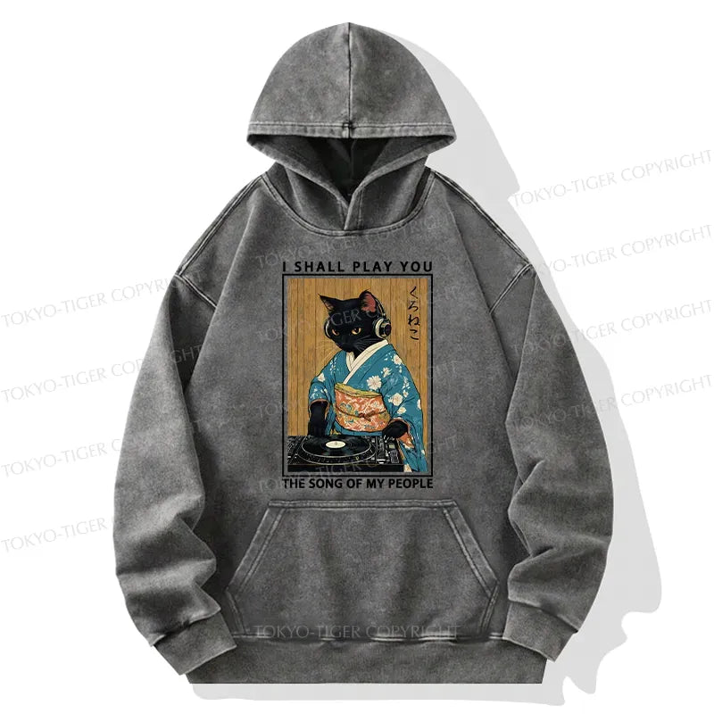 Kyoto-Lion Funny Playing Music Black Cat Washed Hoodie