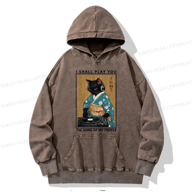 Kyoto-Lion Funny Playing Music Black Cat Washed Hoodie