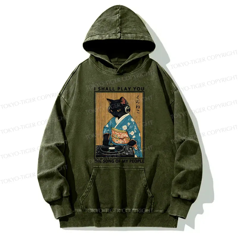 Kyoto-Lion Funny Playing Music Black Cat Washed Hoodie