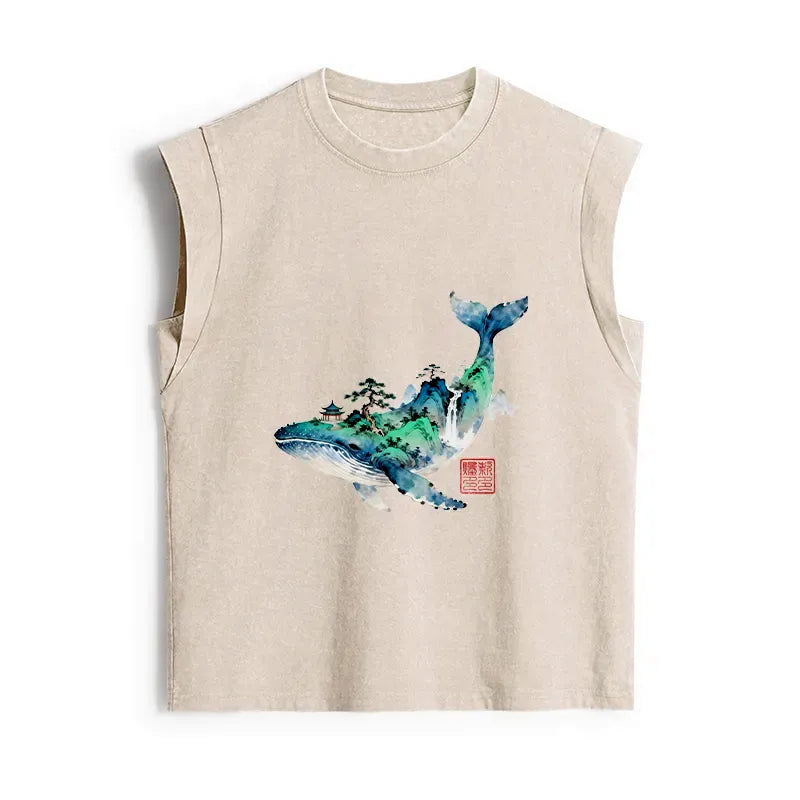 japanese whale ink painting tank top