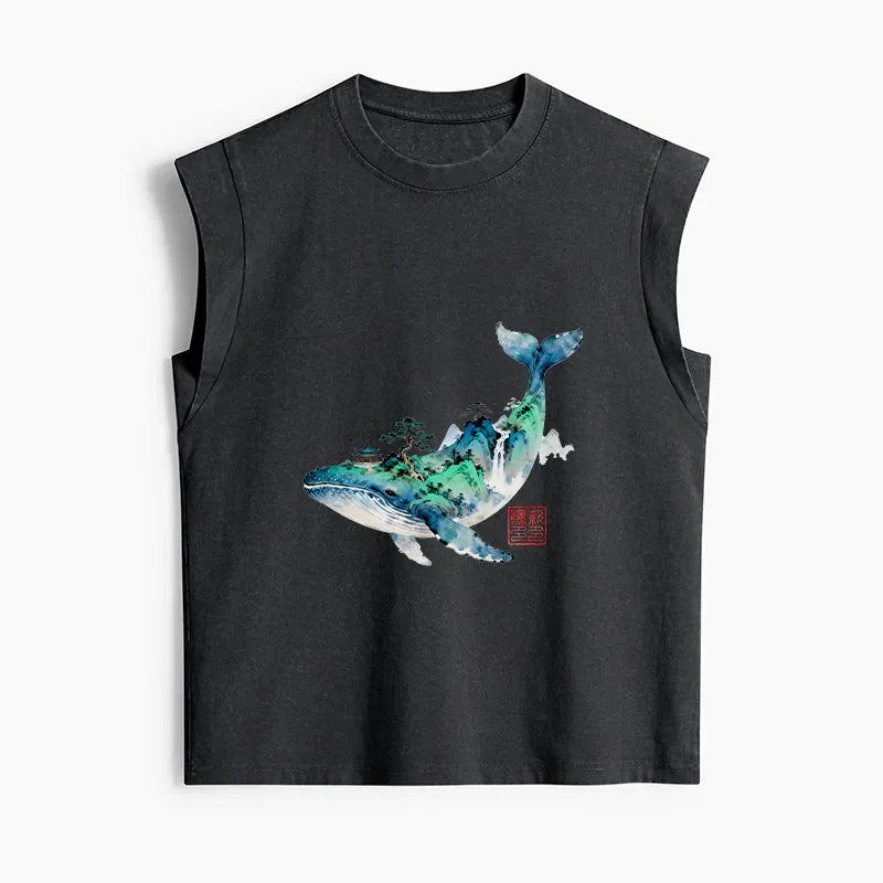 japanese whale ink painting tank top