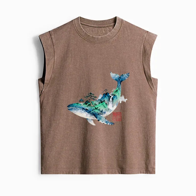 japanese whale ink painting tank top