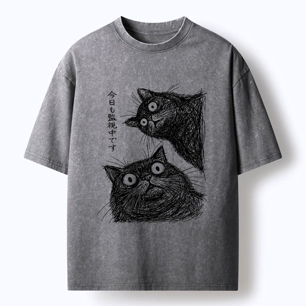 Kyoto-Lion Two Line Cats Are Watching You Washed T-Shirt