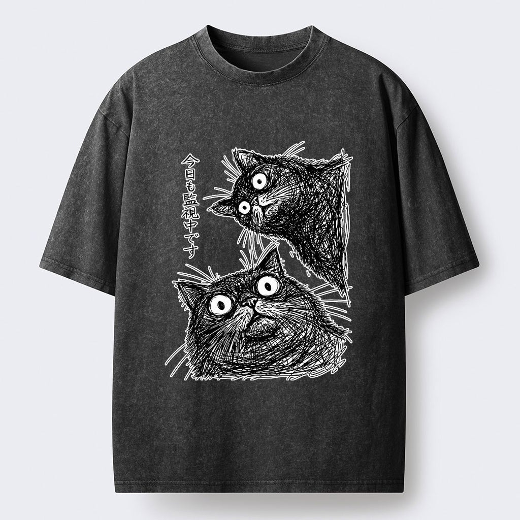 Kyoto-Lion Two Line Cats Are Watching You Washed T-Shirt