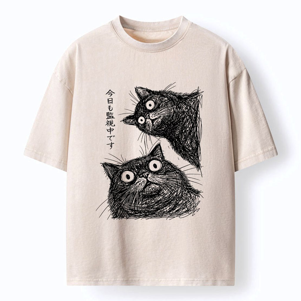 Japanese Washed Cat T-Shirt for Daily Wear