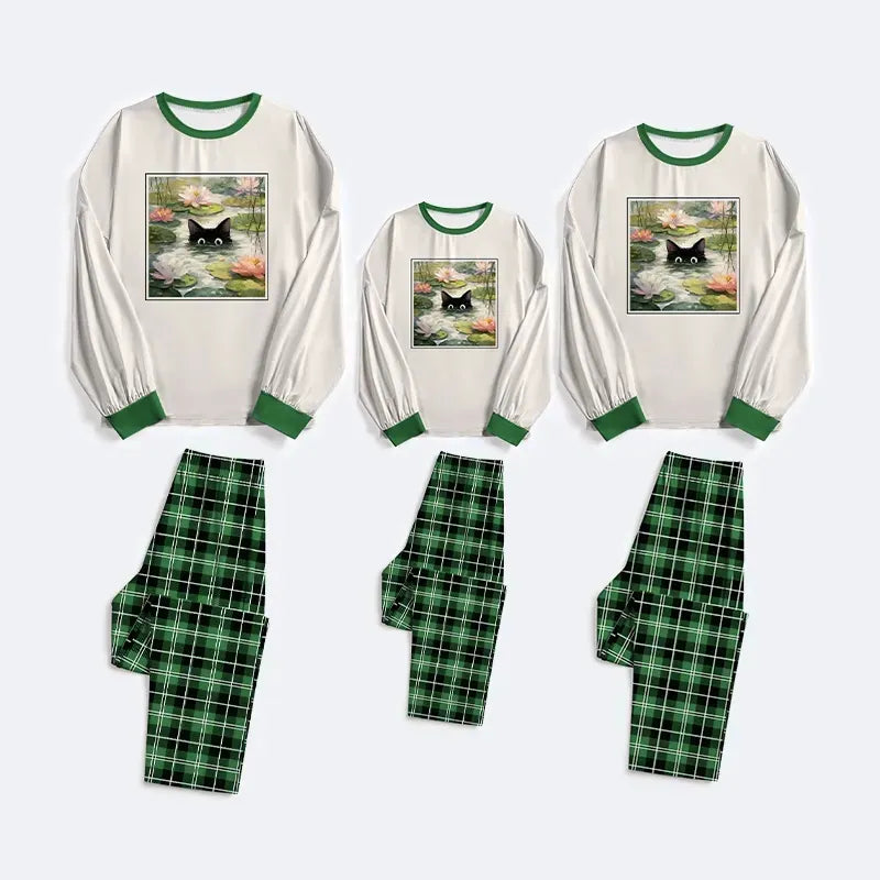 Kyoto-Lion Black Cat and Lotus Flower Family Pajama Sets