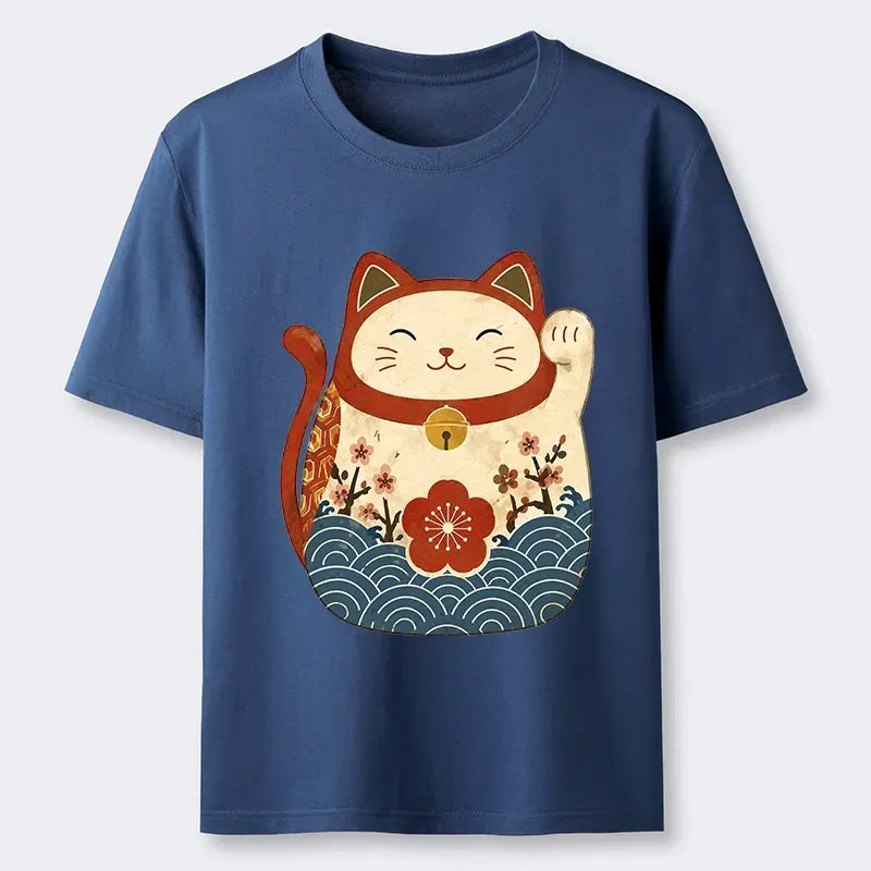 Kyoto-Lion Floral Wave Lucky Maneki Neko Art Classic T-Shirt