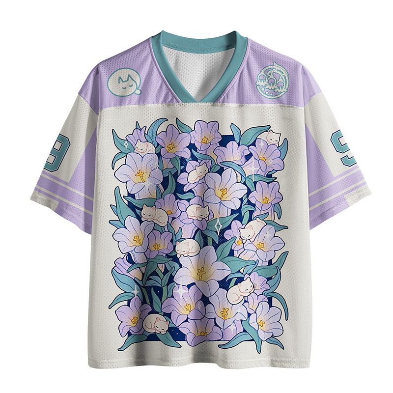 Kyoto-Lion Sleeping Kittens Among Purple Blooms Mesh Jersey