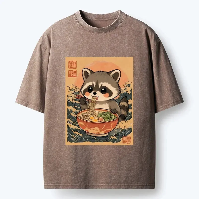 Kyoto-Lion Raccoon Eating Ramen In Wave Style Washed T-Shirt
