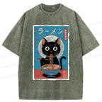 japanese black cat eating ramen t-shirt