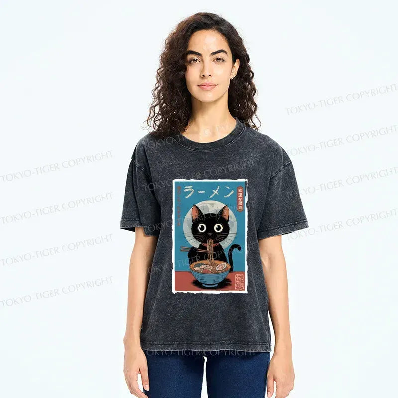 kyoto lion washed black cat ramen t-shirt