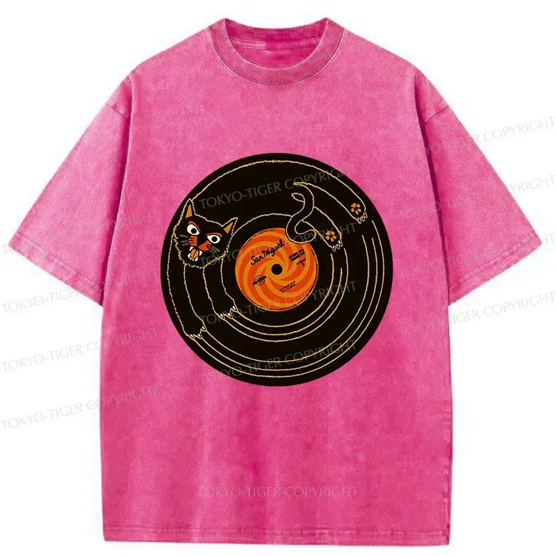 Kyoto-Lion Cat Scratching Record Washed T-Shirt