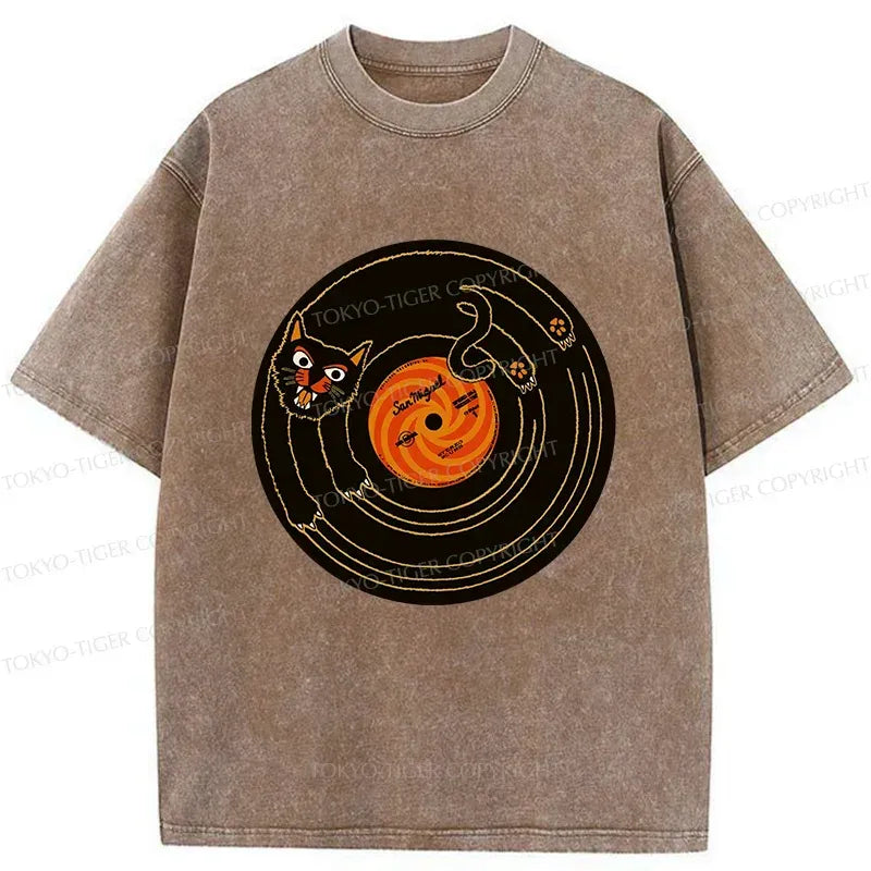 Kyoto-Lion Cat Scratching Record Washed T-Shirt