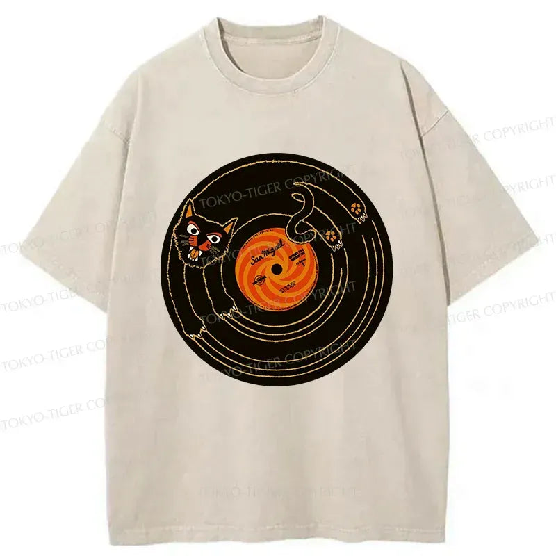 Kyoto-Lion Cat Scratching Record Washed T-Shirt