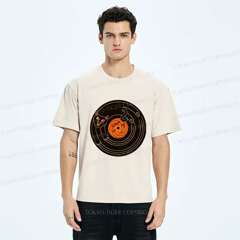 Kyoto-Lion Cat Scratching Record Washed T-Shirt