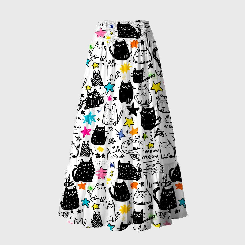 Kyoto-Lion Cosmic Cat Doodles Maxi Skirt