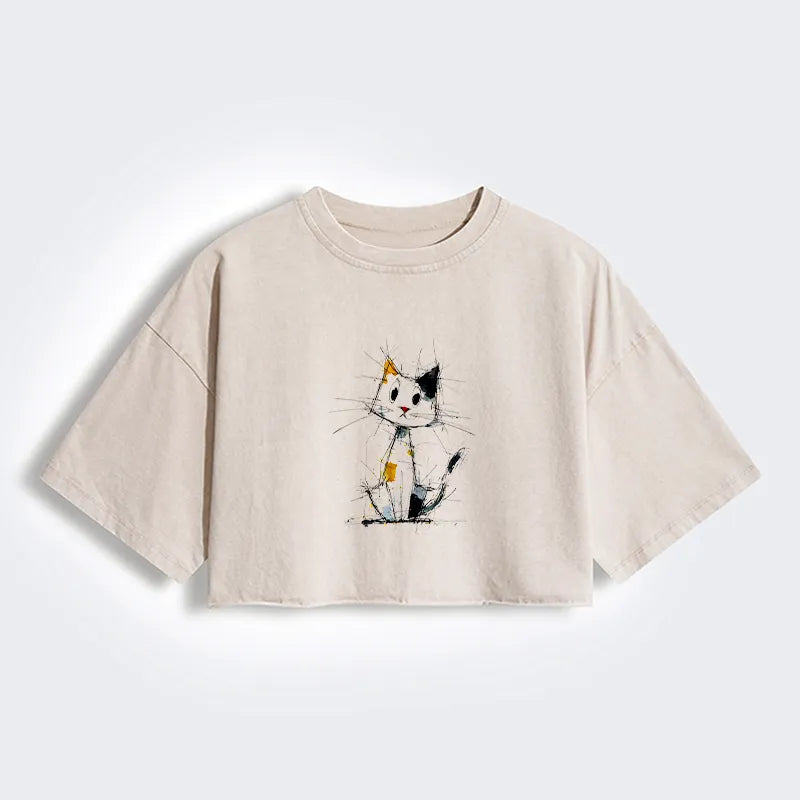 Kyoto-Lion Minimal Splash Ink Cute Cat Women's Washed Crop T-Shirt