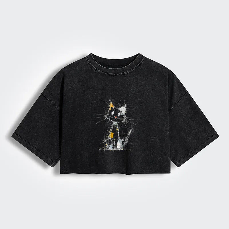 Kyoto-Lion Minimal Splash Ink Cute Cat Women's Washed Crop T-Shirt