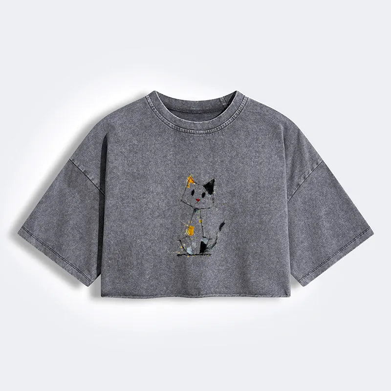 Kyoto-Lion Minimal Splash Ink Cute Cat Women's Washed Crop T-Shirt