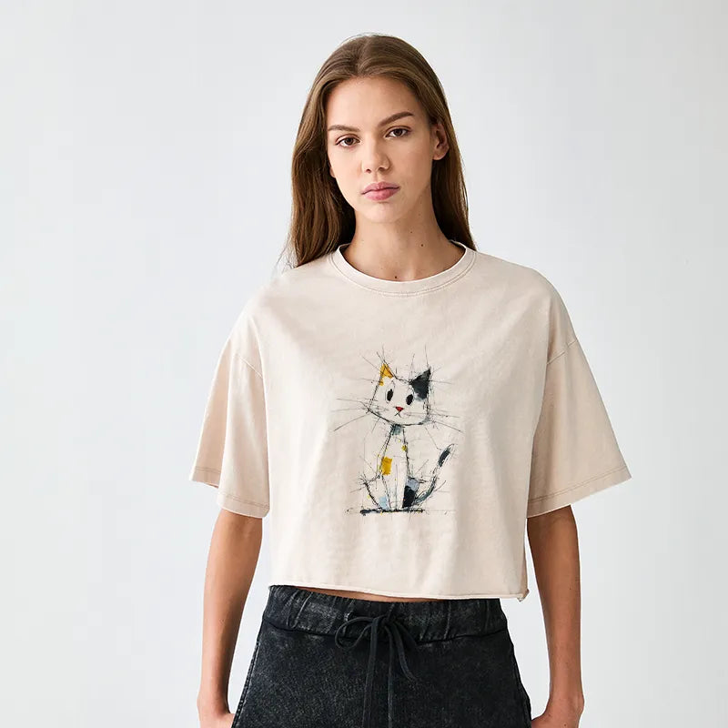 Kyoto-Lion Minimal Splash Ink Cute Cat Women's Washed Crop T-Shirt