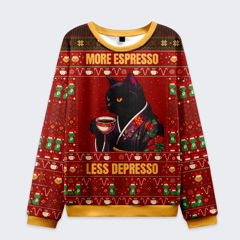 japanese cat drinking coffee ugly christmas sweatshirt
