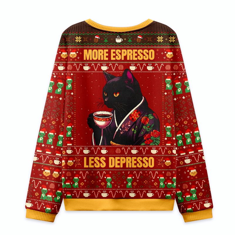 japanese cat drinking coffee ugly christmas sweatshirt